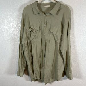 Stitch + Feather Green Linen Button Down Shirt Roll Tab Sleeves Size Large